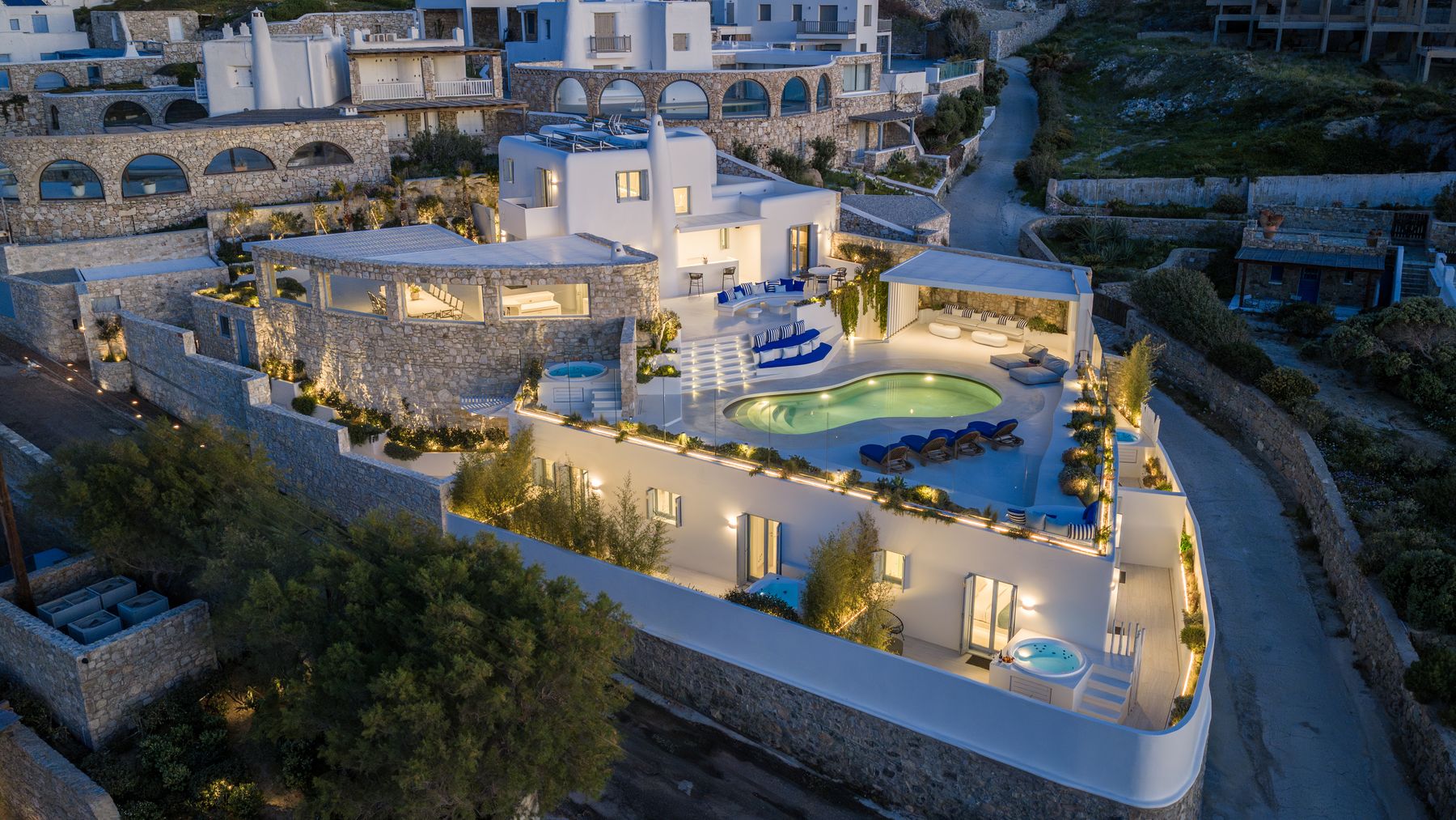 Aerial view of Villa KIYA lit up at night